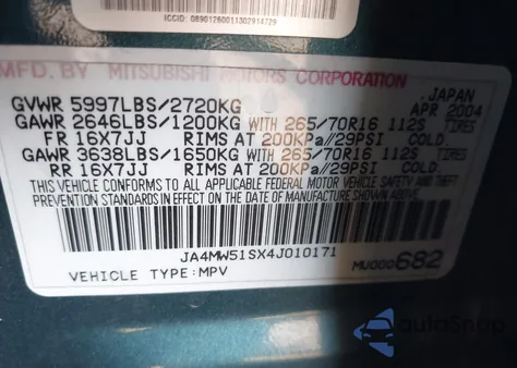 2004 Mitsubishi Montero Xls z USA, uszkodzony, nr VIN JA4MW51SX4J010171